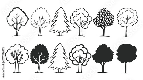Set of Tree Elevation Outline Symbols. CAD Style Minimal Line Drawing of Trees for Architecture and Landscape Design Elevation Plans