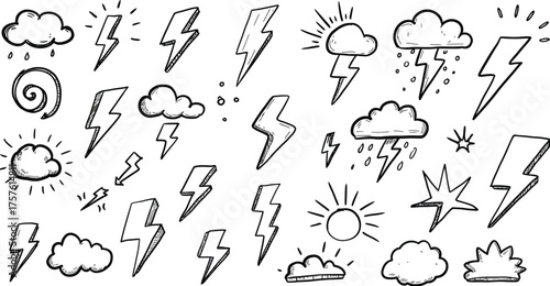 Black Silhouette Icons of Weather Elements and Celestial Bodies black and white lightning bolt