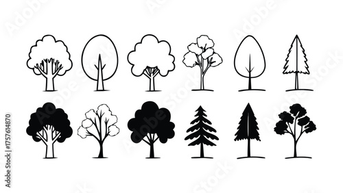 Set of Tree Elevation Outline Symbols. CAD Style Minimal Line Drawing of Trees for Architecture and Landscape Design Elevation Plans
