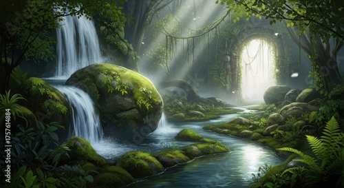 Enchanted forest waterfall entrance to a hidden realm