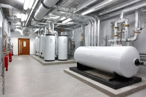Modern boiler room with industrial heating machinery and piping