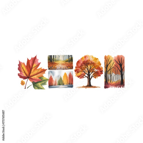 watercolor autumn leaves png. Autumn leaf of maple, chestnut and aspen. Colorful red-brown tree leaves isolated on white background