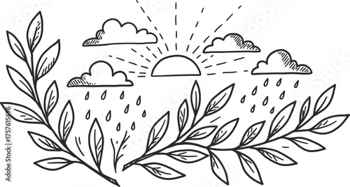 Black silhouette of a sun rising over clouds with rain and a laurel wreath sunrise