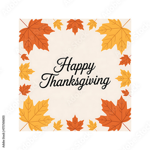 Happy Thanksgiving lettering. Hand drawn text with autumn leaves background. Thanksgiving greeting. Vector,