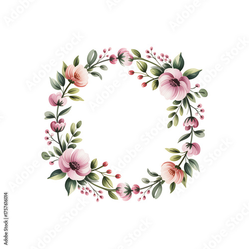 Round wildflower frame. Watercolor floral wreath made of summer colorful flowers and green leaves. PNG