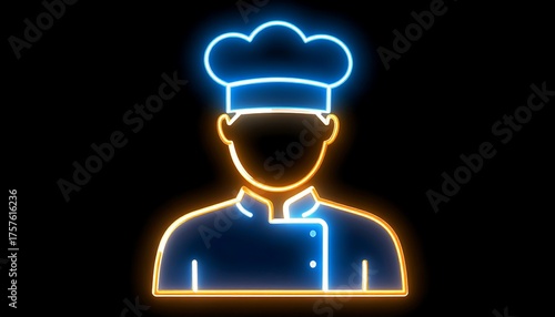Fototapeta Naklejka Na Ścianę i Meble -  Chef icon illustration with blue and orange neon glow lines on a black background, stylized figure