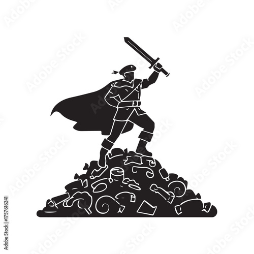 Silhouette of a triumphant warrior hero standing on a pile of question marks holding a sword aloft in victory