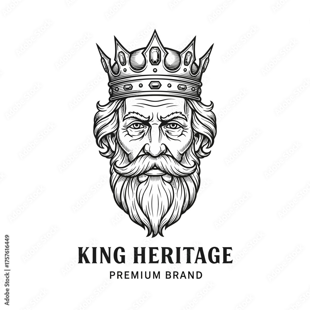 Fototapeta premium Detailed Illustration of a Kings Head with Crown and Beard.