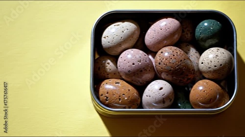 A close-up of colorful speckled egg-shaped stones in a metal tin on a yellow surface