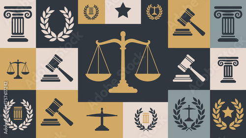 A collection of law and justice icons arranged in a tiled pattern with scales and gavel symbols displayed