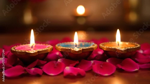 Lit candles on petals displaying warm light and soft colors