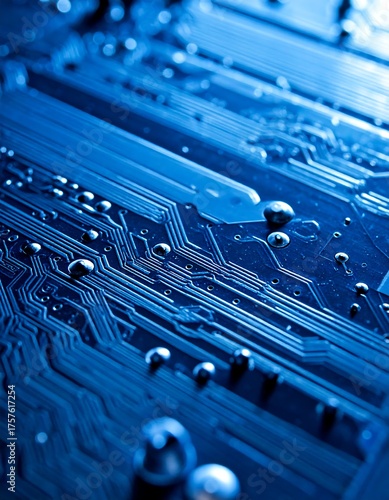 Close-up view of an electric circuit board with lines and components