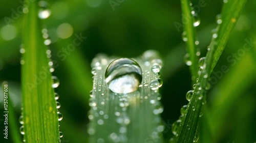 Macro shot of water droplets on green grass blades in natural light