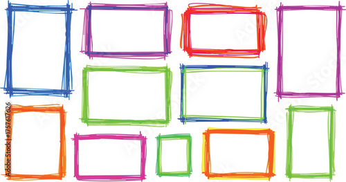 Set of 11 colorful hand drawn rectangle frames vector in sketchy brush stroke style for creative design