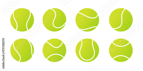 Set tennis ball with various stitch patterns isolated on white background. Vibrant collection of green sports equipment for tennis game design.