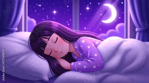 Sleeping girl in bed with moon and stars illustration