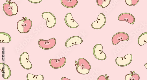 Charming hand drawn seamless pattern of sliced apples and apple halves on a soft pink background