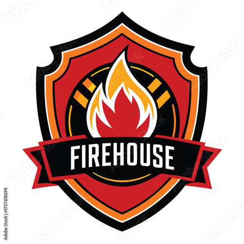 Dynamic firehouse logo design with bold flame element and shield shape