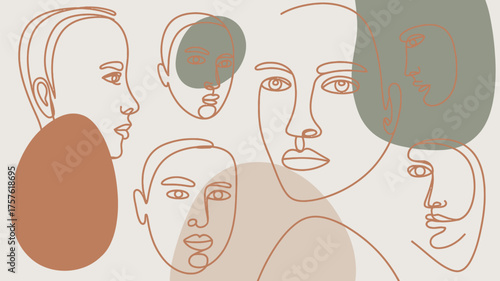 Line art faces with abstract shapes in earthy tones creating a modern and minimalist aesthetic