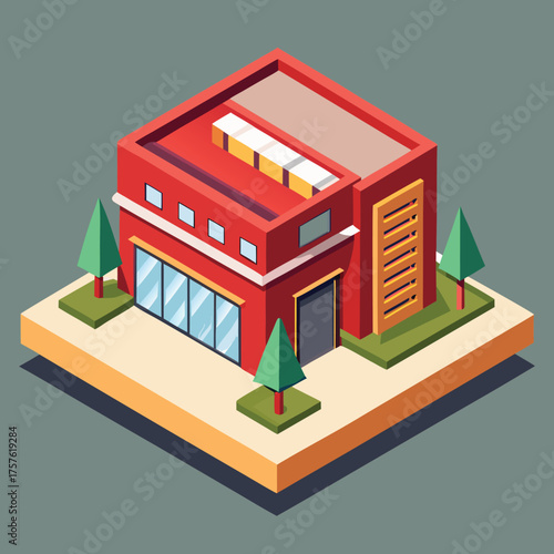 Minimalist isometric fire station building design with clean lines and vibrant color accents