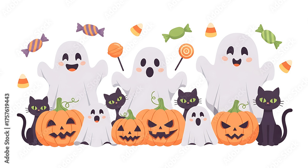 Naklejka premium A delightful Halloween scene with cheerful ghosts, grinning pumpkins, and playful black cats, surrounded by colorful candy for spooky fun