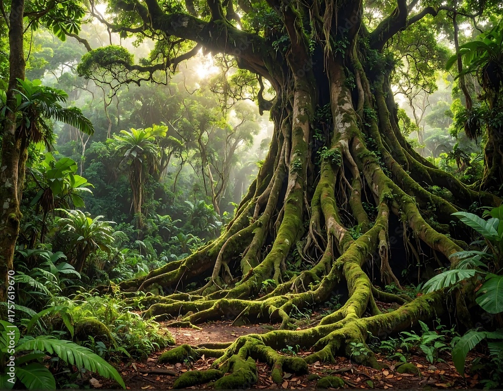 Fototapeta premium Lush rainforest scene featuring a large tree with exposed roots covered in moss and ferns.