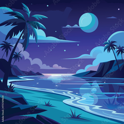 Serene night beach scene with glowing moonlight reflection on calm water