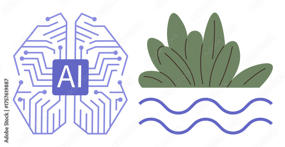 Fototapeta premium AI brain with circuit patterns beside green plants and water waves. Ideal for AI, innovation, sustainability, environment, technology, ecology, green tech, simple flat metaphor