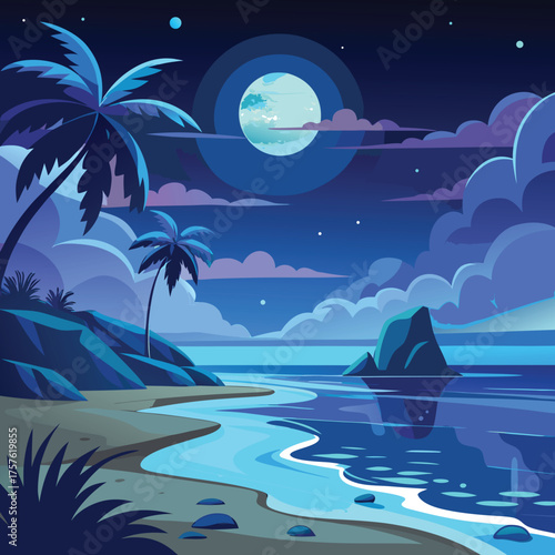 Serene night beach scene with a glowing moon and its reflection on calm water
