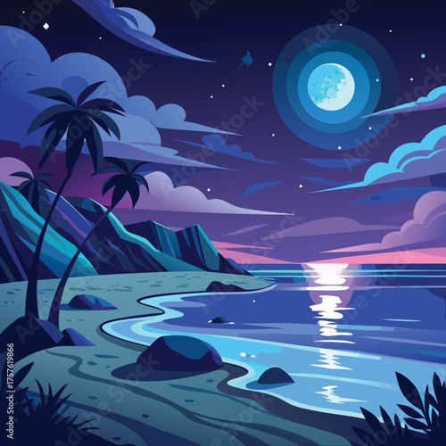 Serene night beach scene with glowing moonlight reflecting on the calm ocean waves