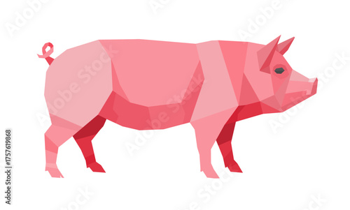 Pink geometric pig standing, origami style illustration