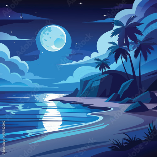Serene night beach scene with glowing moonlight reflecting on calm ocean waters