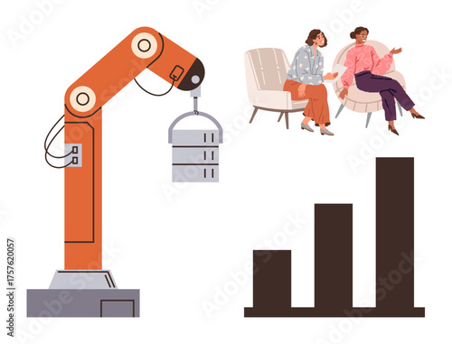 Robotic arm lifting object, two individuals having a conversation, bar graph. Ideal for technology, innovation, automation, teamwork, entrepreneurship data analysis progress. Simple flat metaphor