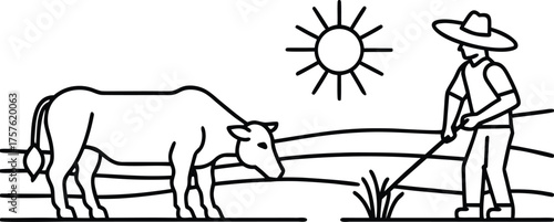 Farmer with a cow and sun on a farm illustration isolated on transparent background