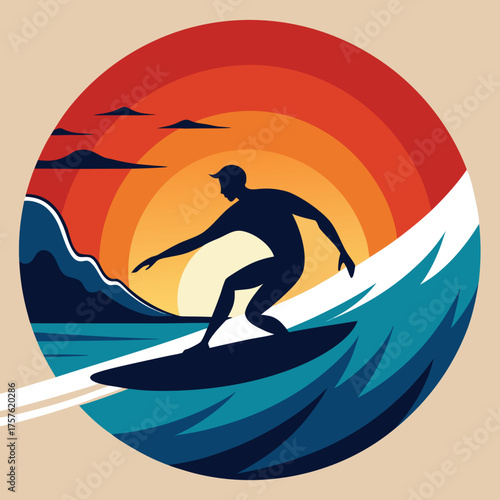 Silhouette of a surfer riding a massive wave against a vibrant sunset sky