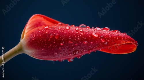 Macro Close-up of a Single Red Tulip Bud Covered in Glistening Water Droplets
