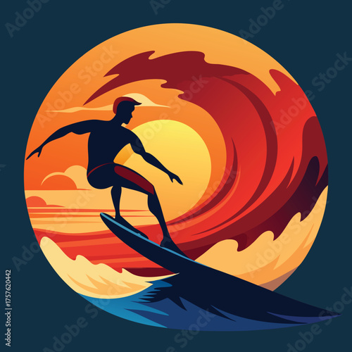 Silhouette of a surfer riding a massive wave against a vibrant sunset sky