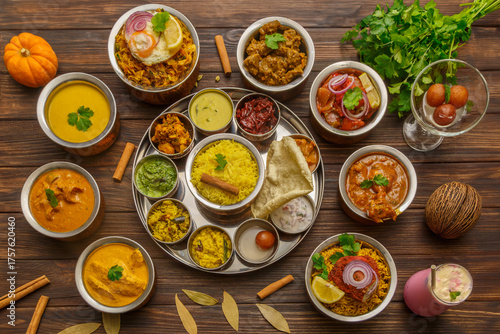 Assortiment de plats sri-lankais – vue de dessus à 90°, cuisine traditionnelle colorée et épicée du Sri Lanka