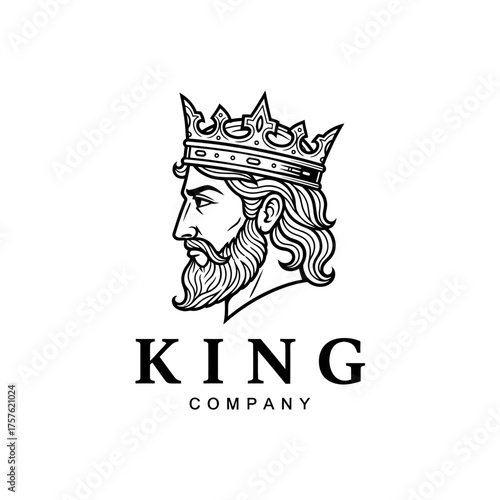 King Company Logo Featuring Regal Bearded Man with Crown.
