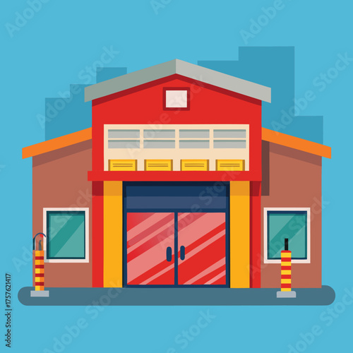 Illustration of a fire station garage with its large doors open revealing the interior space