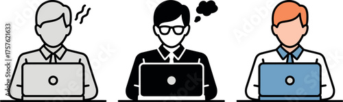 Icons of professionals working on laptops with diverse emotions and personal styles