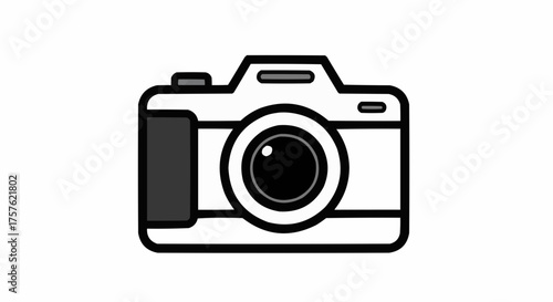 Illustration of a camera with a large lens and a flash button on top in black and white colors