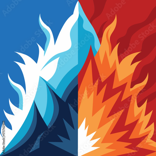 Dynamic abstract design featuring contrasting fire and ice elements in vibrant colors