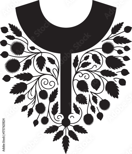 black and white abstract floral ornament neck design for kameez vector design