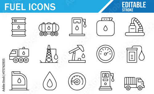 Minimalist Line Art Icons for Gas, Oil, and Fuel Pumps – Energy Storage and Supply Illustrations