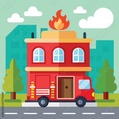 Flat vector illustration of a red fire truck exiting a modern fire station building with bright blue sky