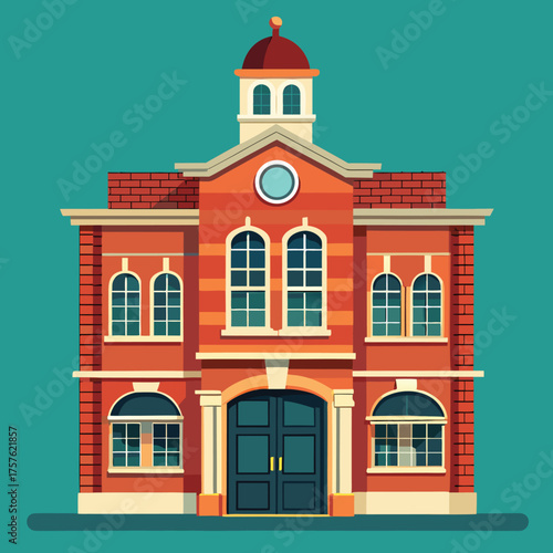 Classic red brick firehouse building with windows and doors architectural illustration
