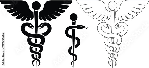 Three caduceus symbols medical health care emblem snake staff wings icon representations