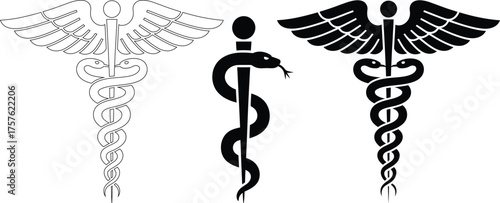 Three caduceus medical symbols winged staff snake helix design variations for healthcare and medicine