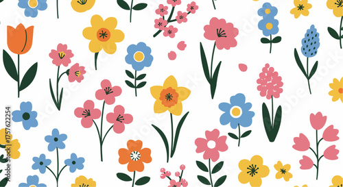 Illustration of a variety of colorful flowers with green stems and leaves on a white background pattern